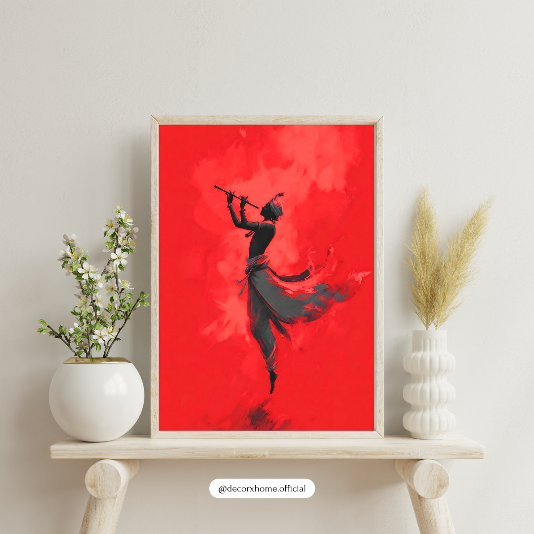 Crimson Flute Lord Krishna Wall Art | Indian Classical Silhouette Poster | Bold Red Artistic Decor | Decorxhome