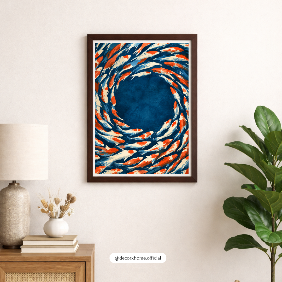 Koi Fish Swirl Wall Art | Japanese-Inspired Blue & Orange Fish Poster | Decorxhome