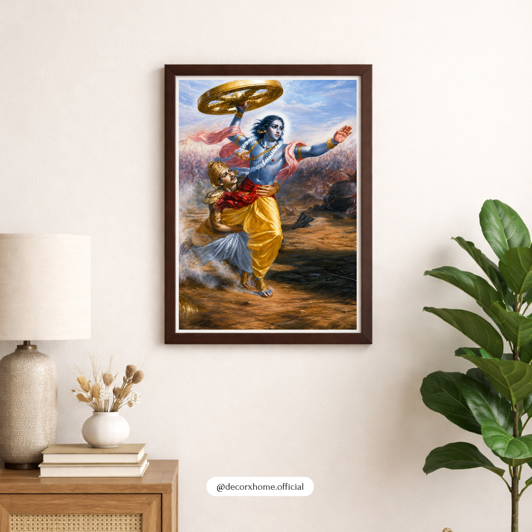 Lord Krishna Protecting Arjuna Wall Art Poster | Mahabharata Divine Warrior Canvas Print