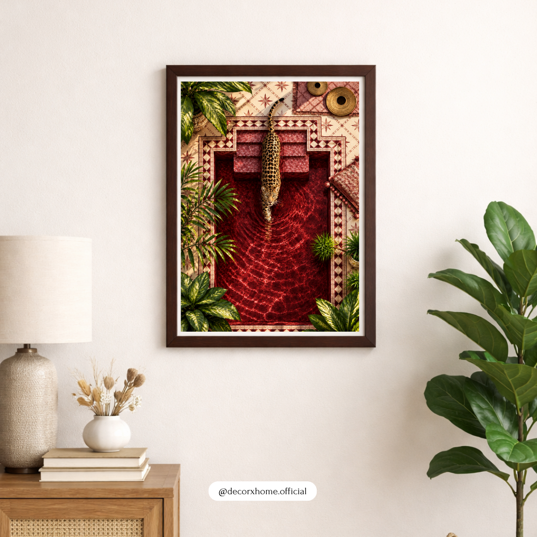 Leopard Pool Reflection Poster | Tropical Wildlife Wall Art | Luxury Nature Decor | Decorxhome