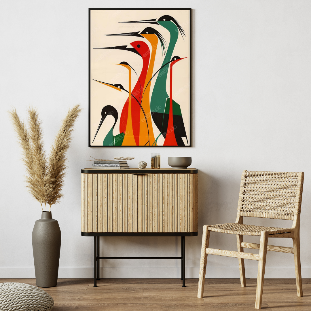 Colorful Crane Symphony – Modern Abstract Bird Wall Art (Framed Print)