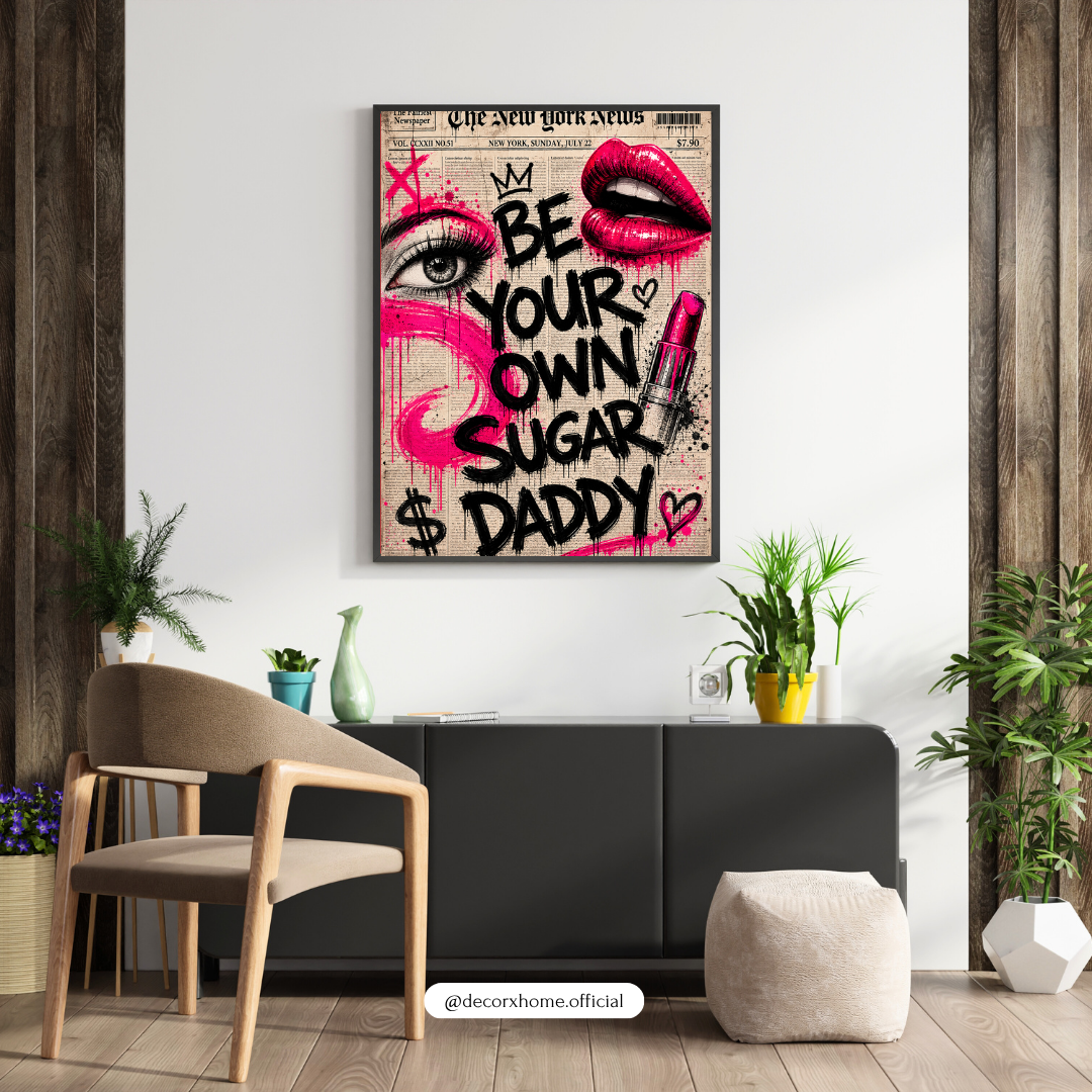 Decorexhome “Be Your Own Sugar Daddy” Graffiti Wall Art Poster | Fashion Pop Art Canvas Print | Bold Pink Statement Decor
