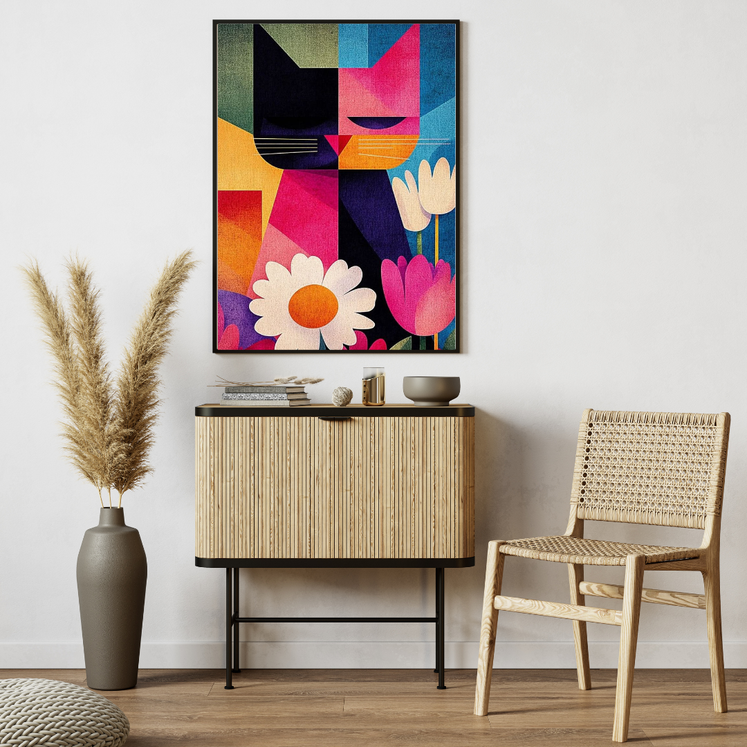 Geometric Cat & Floral Wall Art – Framed Modern Art Print for Living Room, Bedroom & Office