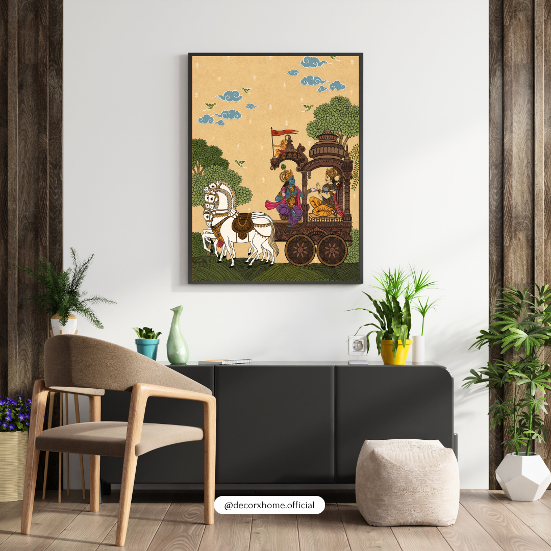 Krishna & Arjuna Chariot Wall Art Poster | Mahabharata Inspired Traditional Indian Decor