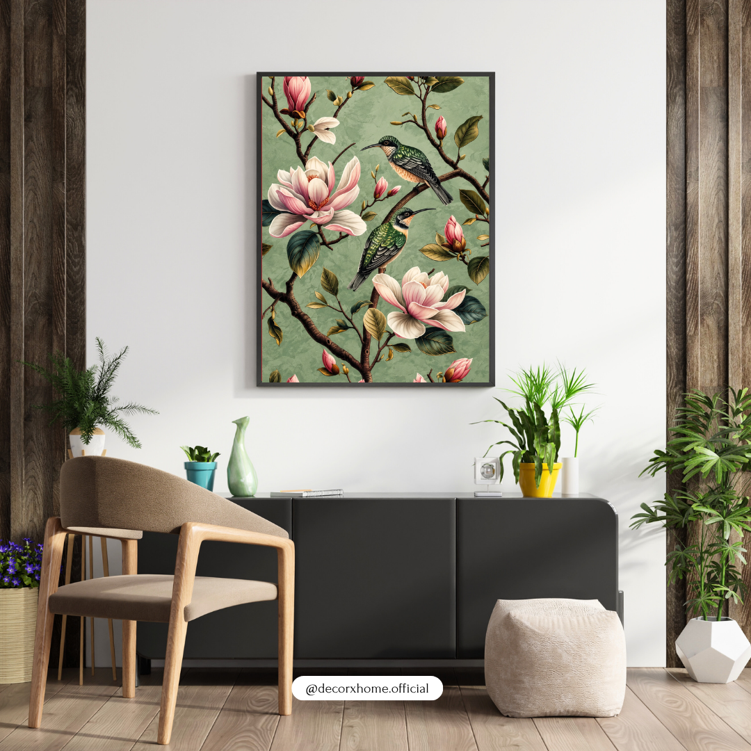 Magnolia Blossoms & Songbirds Wall Art Poster | Vintage Botanical Nature Decor
