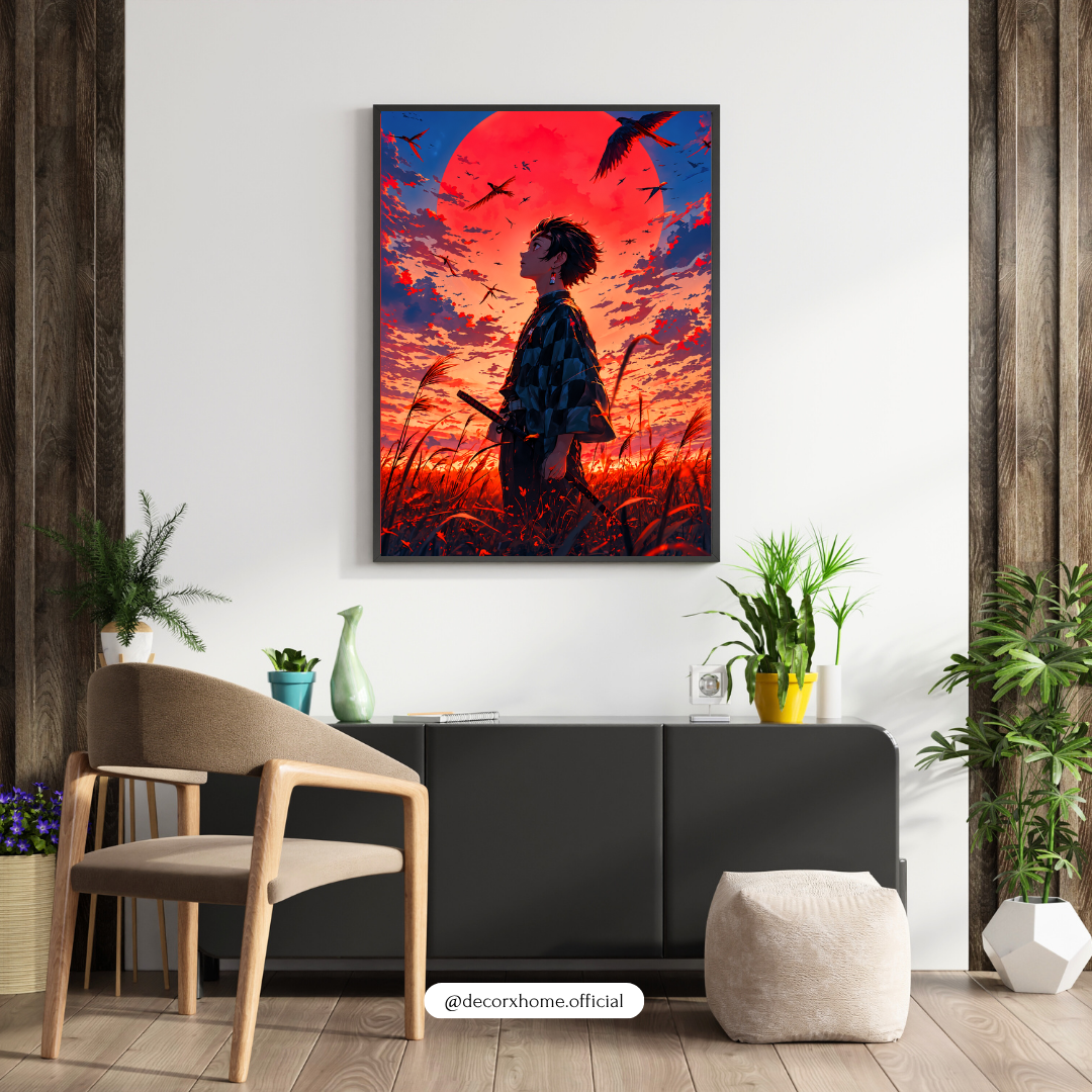 Crimson Moon Wanderer Poster – Anime-Inspired Sunset Wall Art