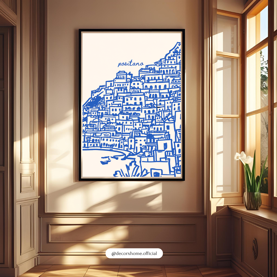 Positano Minimal Line Art Poster | Blue Coastal City Sketch Wall Art by DecorxHome