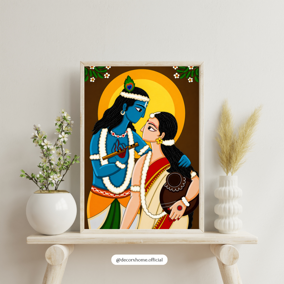 Radha Krishna Divine Love Wall Art Poster – Traditional Indian Folk Style Spiritual Painting | Decorxhome