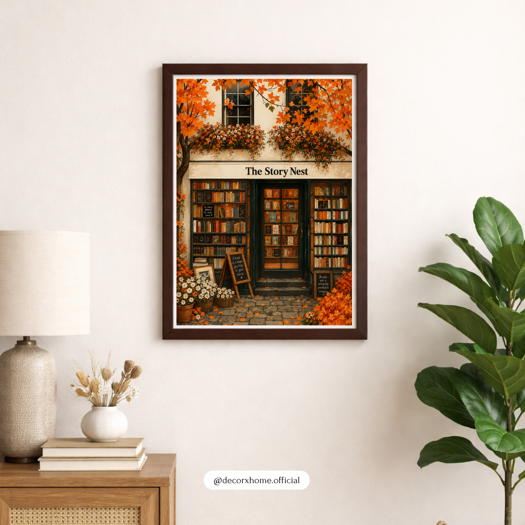 The Story Nest Bookstore Poster – Cozy Autumn Bookshop Wall Art