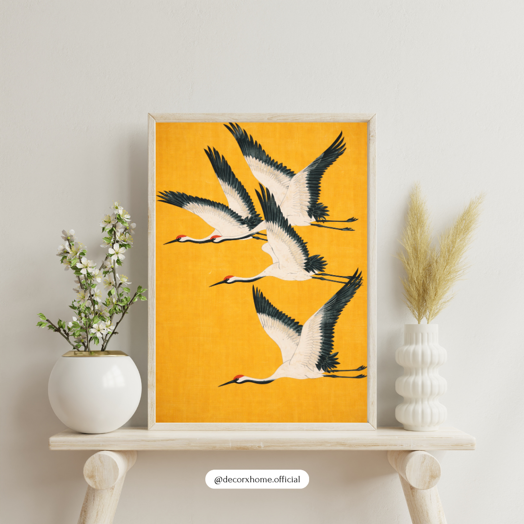 Golden Crane Flight Wall Art | Japanese Minimalist Bird Poster | Vibrant Yellow Nature Decor | Decorxhome