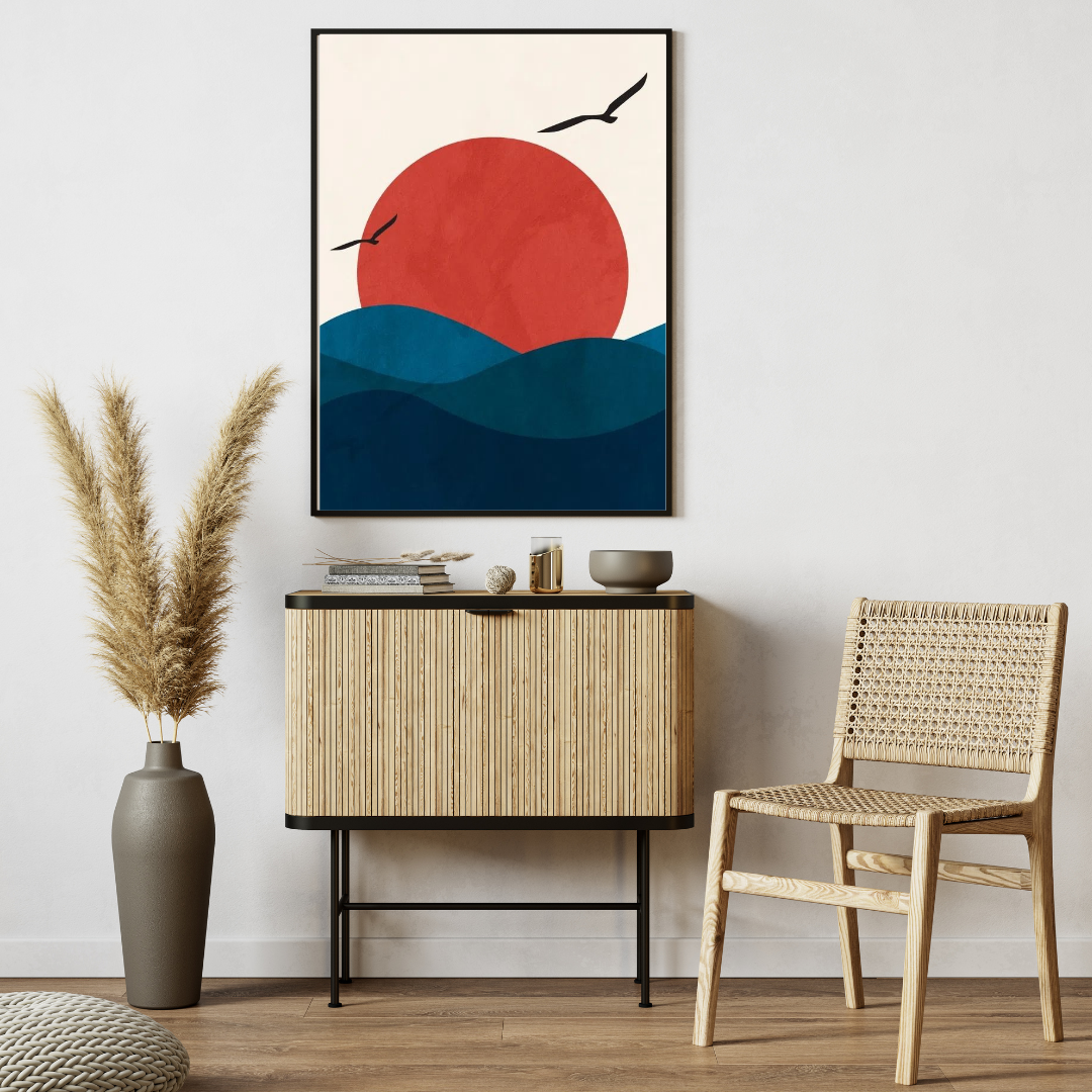 Boho Ocean Sunrise Wall Art with Frame – Minimalist Seascape Decor for Home & Office