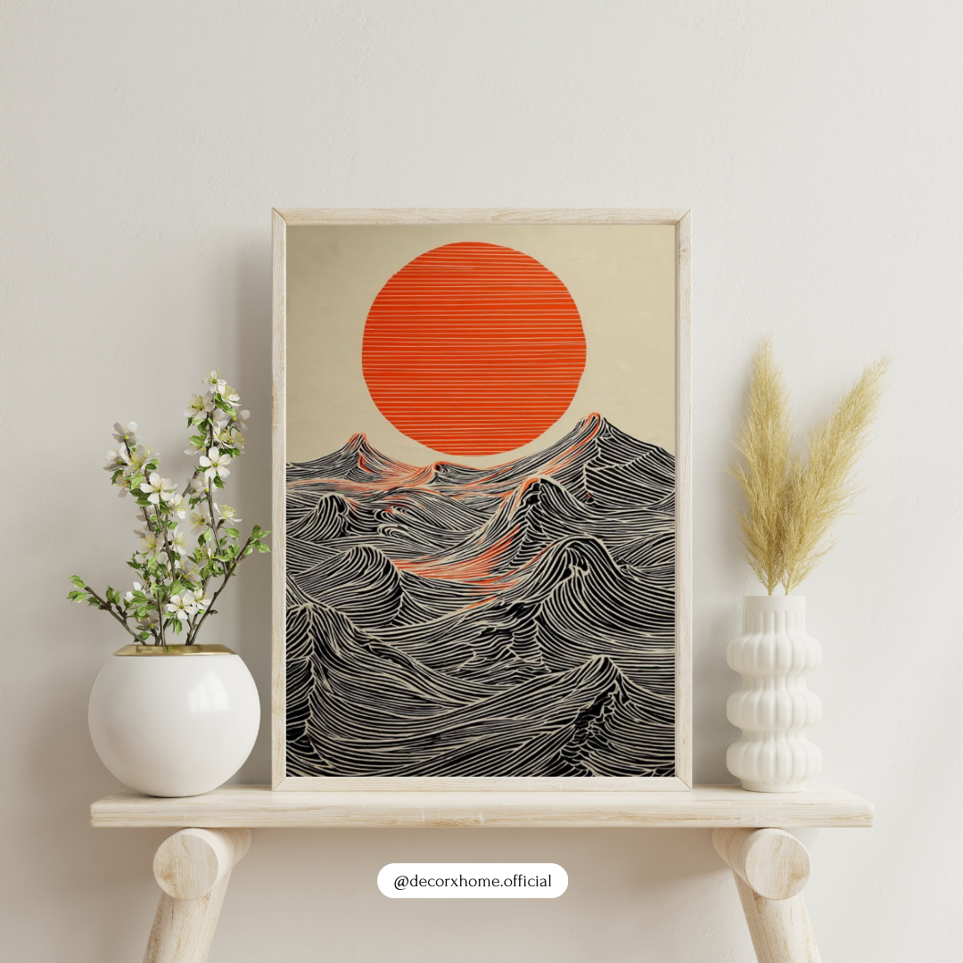 Japanese Red Sun & Ocean Waves Poster – Minimalist Japanese Landscape Wall Art | Decorxhome
