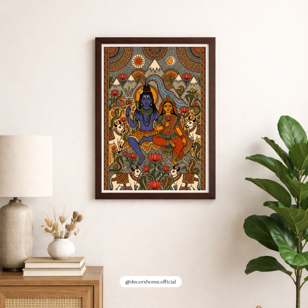 Lord Shiva & Parvati Madhubani Art Poster | Traditional Indian Spiritual Wall Decor | Mahadev & Devi Artwork | Decorexhome