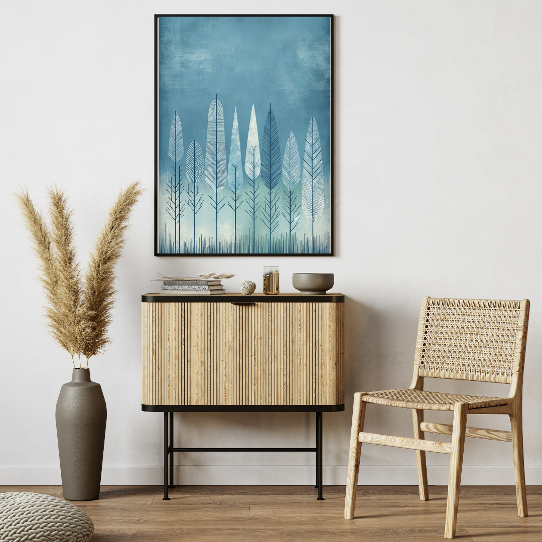 Tranquil Blue Forest – Framed Boho Wall Art Print for Home & Office Decor