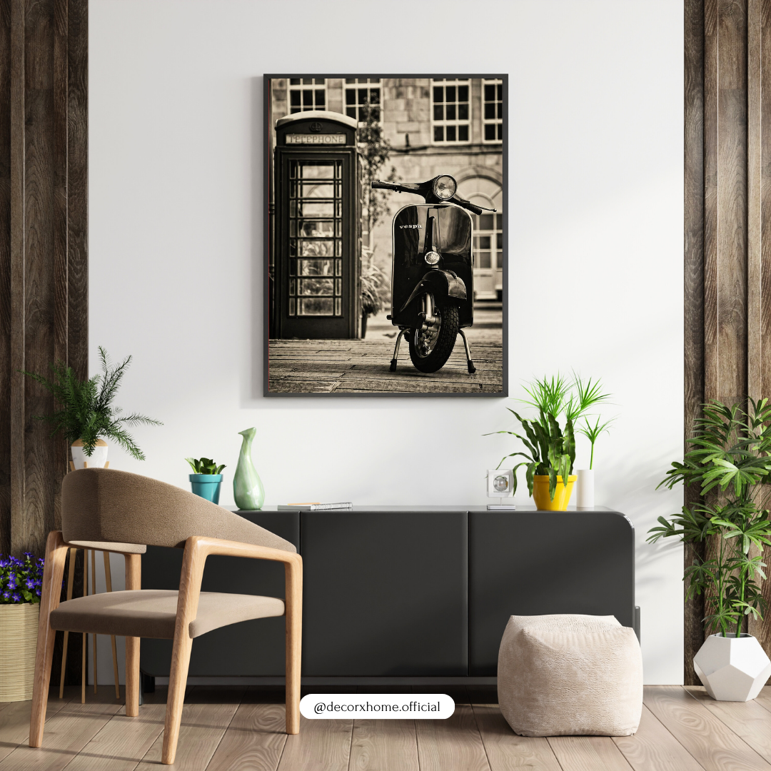 Decorexhome Vintage Vespa Street Photography Wall Art Poster | Black & White London Scooter Print | Retro Urban Home Decor