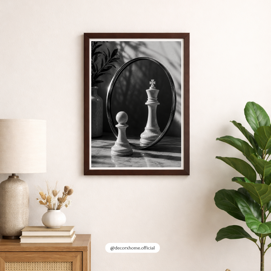 Chess King & Pawn Mirror Art – Minimalist Black & White Strategy Poster | Decorexhome