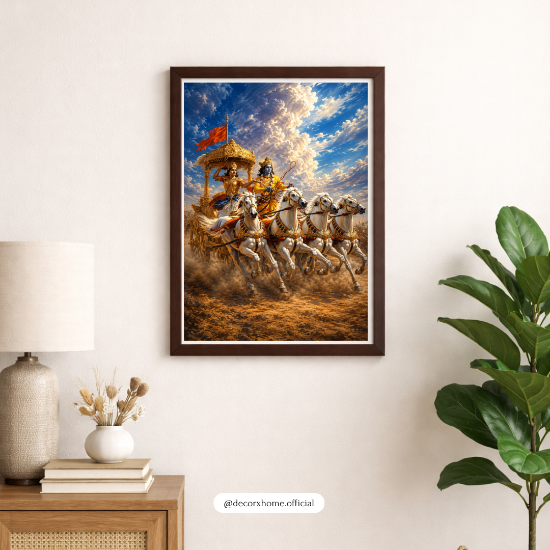 DecorexHome Krishna & Arjuna Mahabharata Poster | Divine Chariot Wall Art | Spiritual Hindu Mythology Artwork | Epic Battle Scene Print