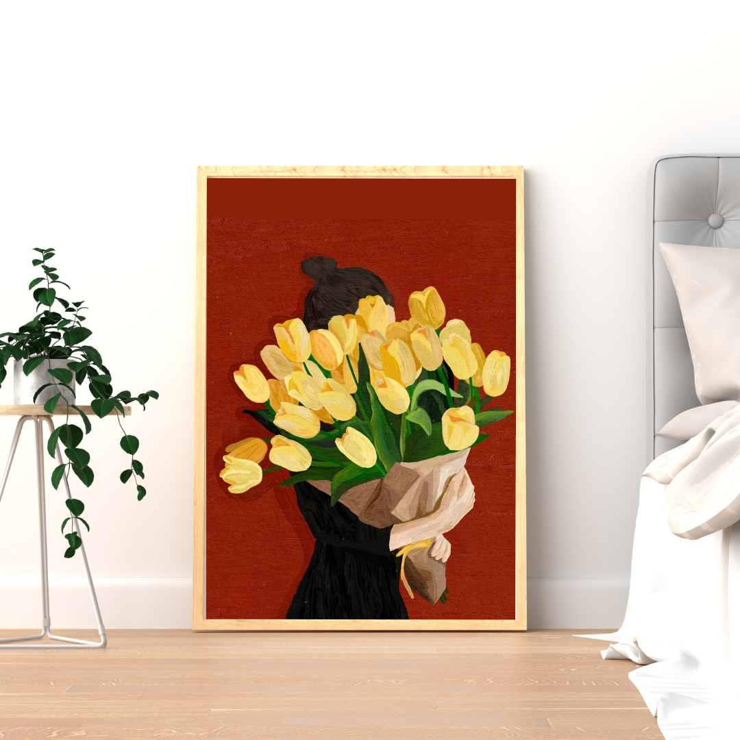 Golden Tulips Reverie Wall Poster | Minimalist Floral Art Print by Decorxhome