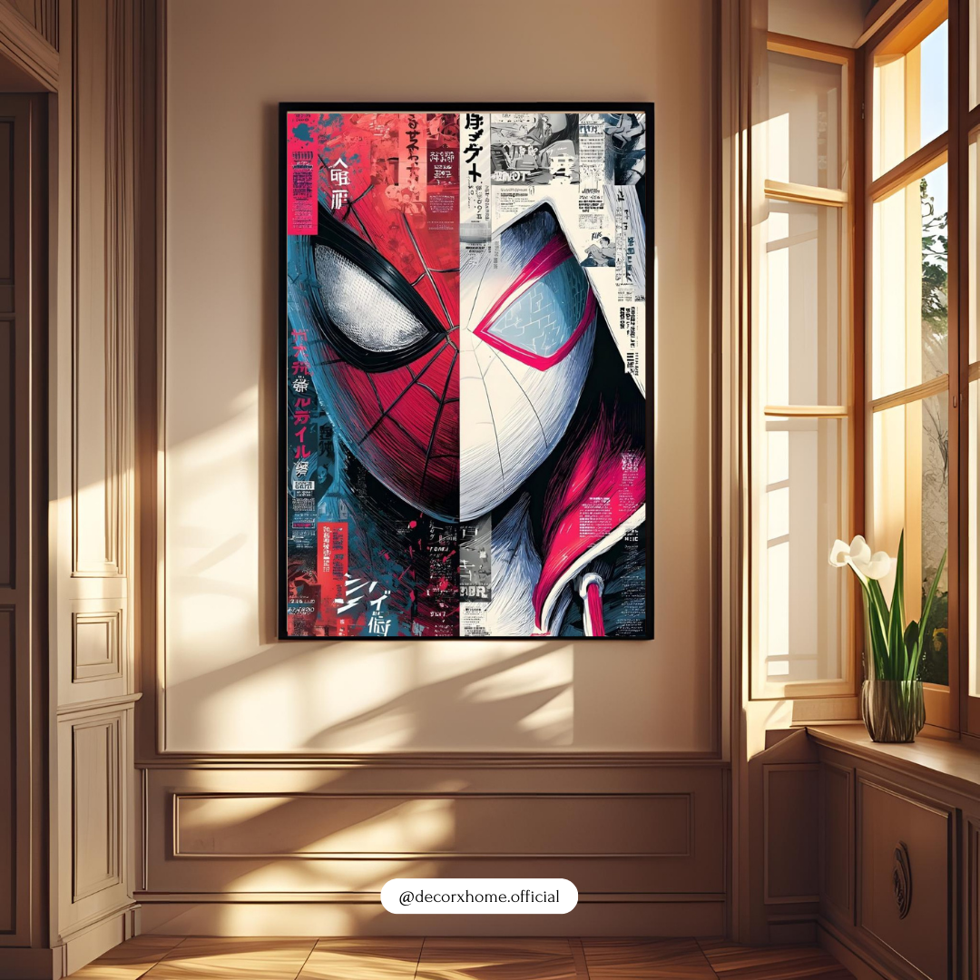 Spiderman & Spider Gwen Dual Masked Hero Art Poster – Vibrant Split Comic-Style Wall Decor