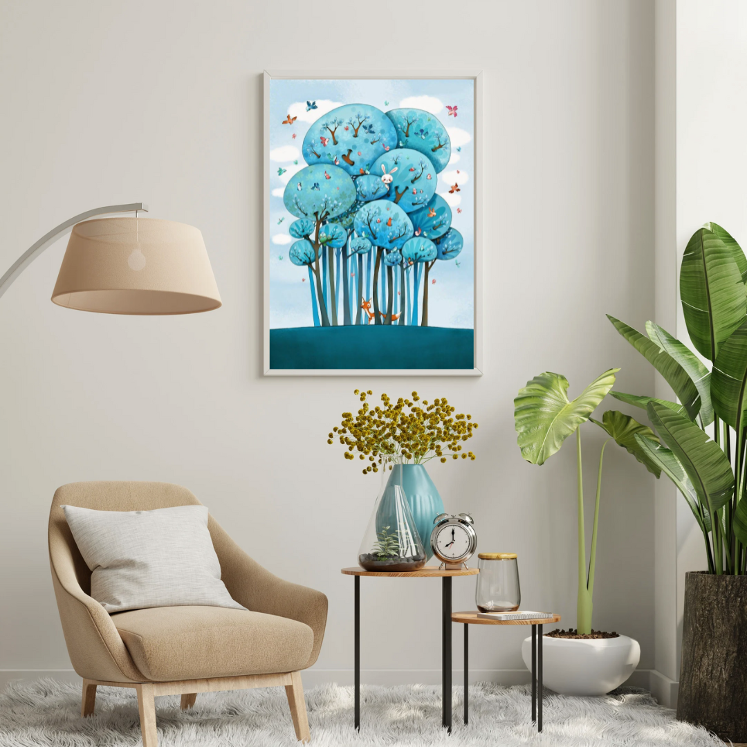 Enchanted Blue Forest Framed Poster | Whimsical Nature Art Wall Décor by Decorxhome