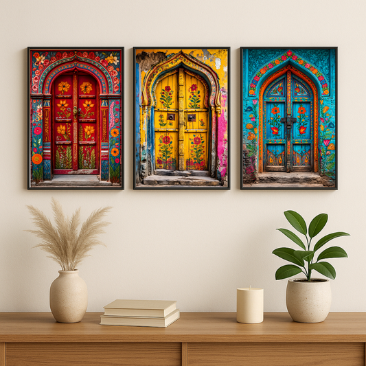 DecorexHome Set of 3 Colorful Indian Vintage Door Wall Art Posters | Traditional Boho Door Photography