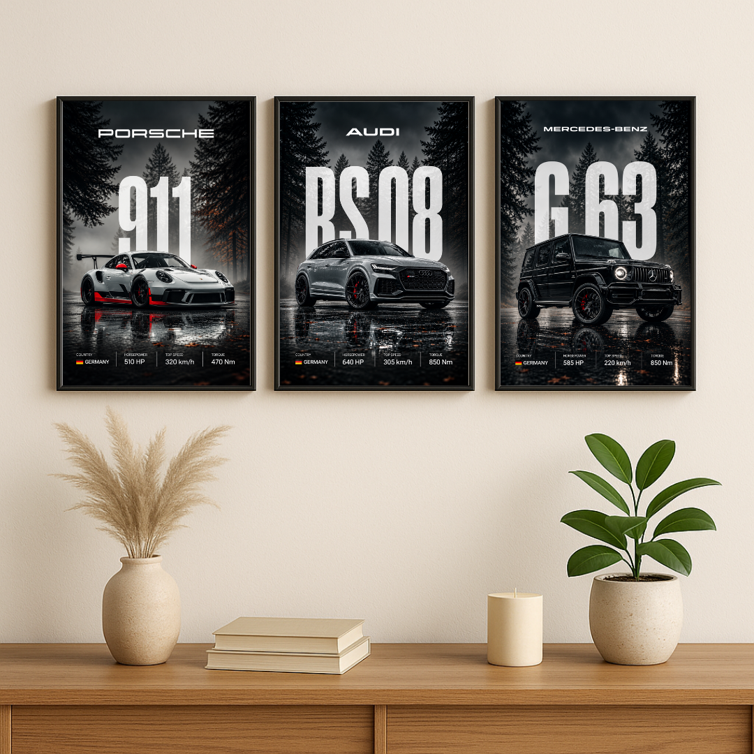 Luxury German Performance Cars Wall Art Set of 3 – Porsche 911, Audi RS6 & Mercedes G63 | Car Posters