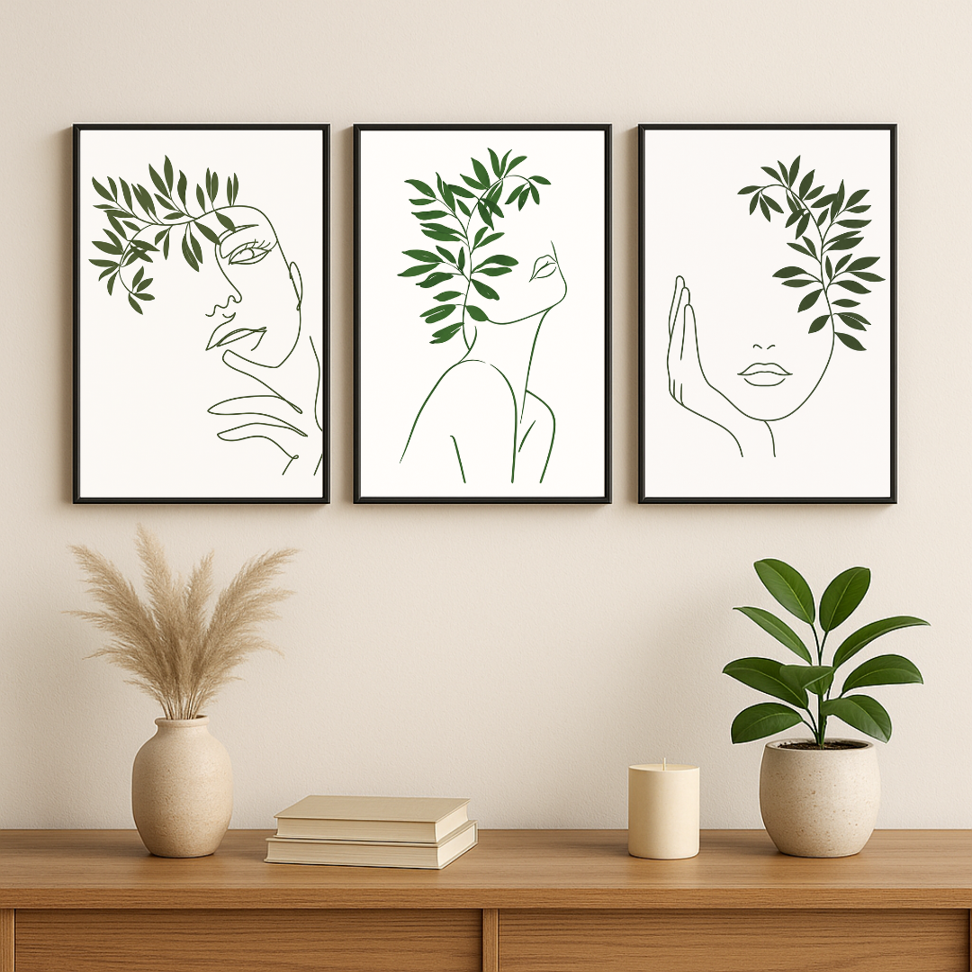 Minimalist Botanical Line Art Faces Wall Art Set | Modern Green Abstract Gallery Prints (Set of 3) by Decorxhome
