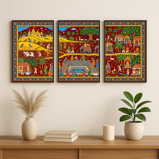 Indian Folk Art Village Life Wall Art Set of 3 | Traditional Rajasthani Artwork Posters | Decorexhome