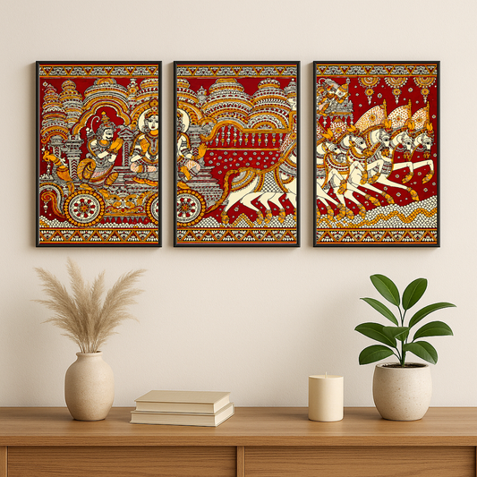 Traditional Indian Folk Art Wall Decor Set of 3 | Royal Chariot & Horse Artwork Posters | Ethnic Heritage Wall Art | Decorexhome