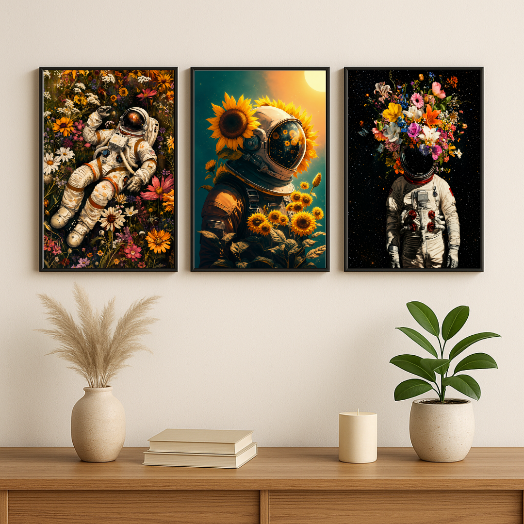 Astronaut Flower Wall Art Set of 3 – Surreal Space & Floral Posters | Modern Creative Wall Décor