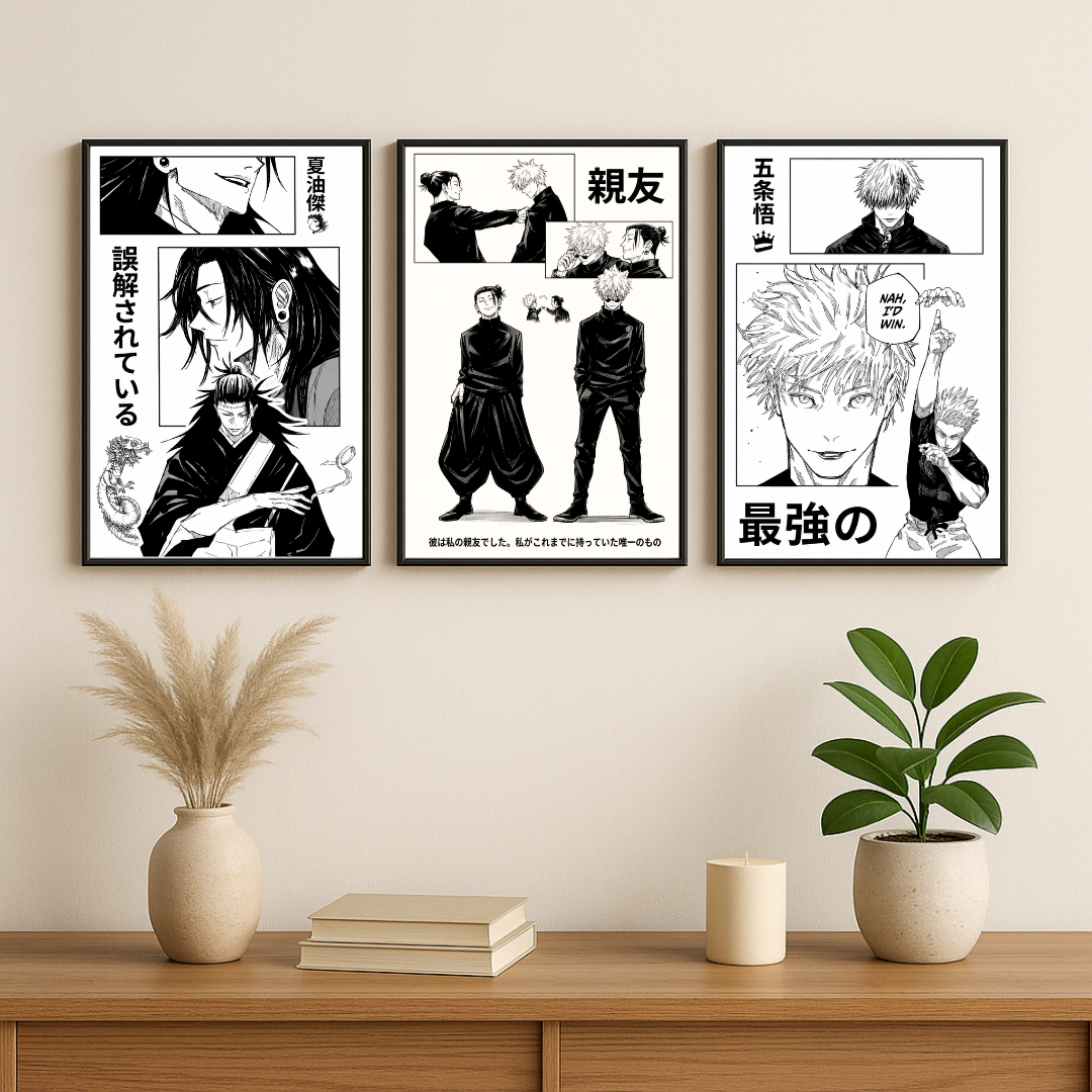 Jujutsu Sorcerers Manga Panel Wall Art Set | Anime-Inspired Monochrome Posters (Set of 3) by Decorxhome