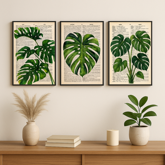 Monstera Botanical Wall Art Set of 3 – Vintage Tropical Leaf Prints | Green Botanical Home Décor