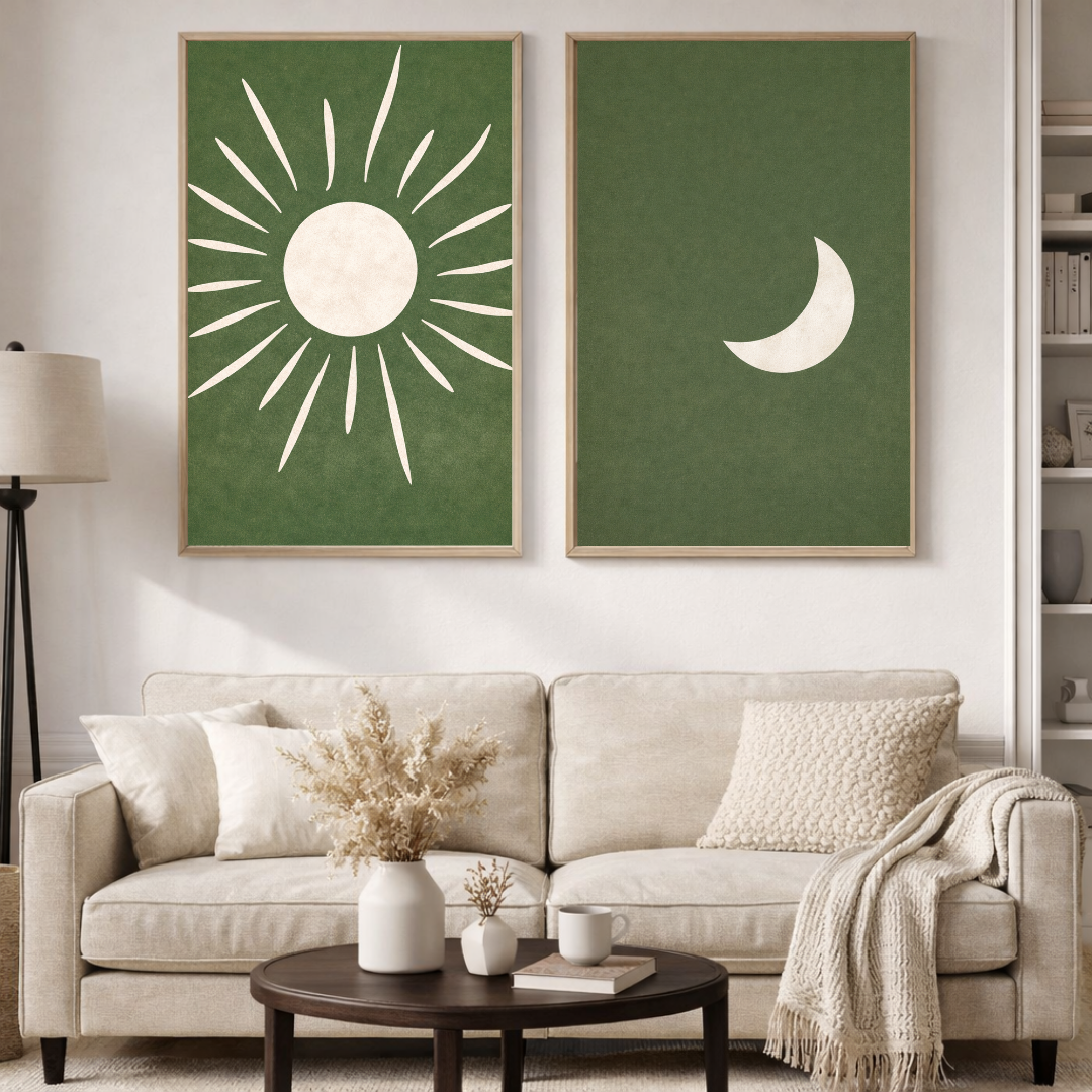 Sun & Moon Olive Wall Art Set – Minimal Celestial Duo Posters (Set of 2) | Decorxhome