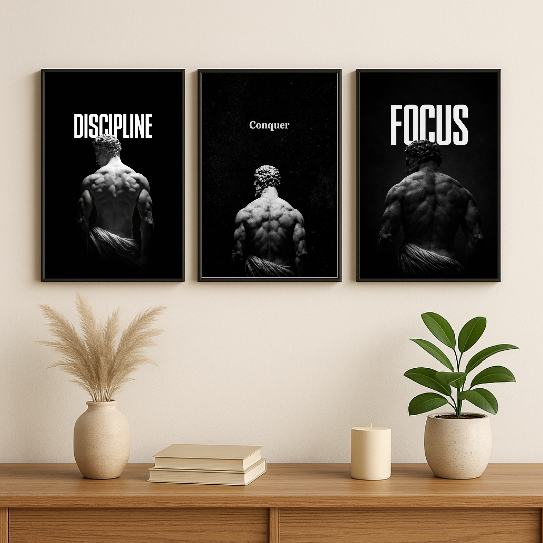 Discipline • Conquer • Focus Motivational Poster Set (Set of 3) – Minimalist Black Gym & Office Wall Art | Decorxhome