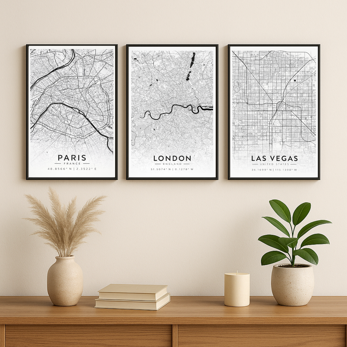 World Cities Map Poster Set – Paris, London & Las Vegas Minimalist Map Wall Art (Set of 3) | Decorxhome
