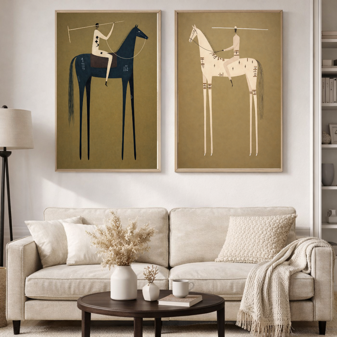 Abstract Horse Rider Wall Art Set of 2 | Minimalist Equestrian Canvas Prints | Modern Neutral Living Room Decor | Decorxhome