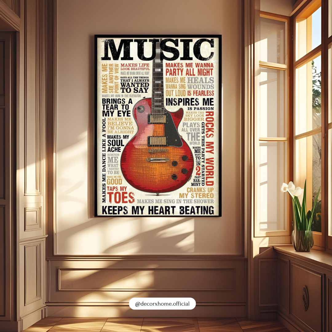 Vintage Guitar Typography Wall Poster – “Music Keeps My Heart Beating”