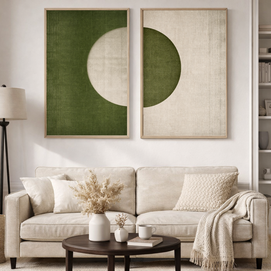 Olive Eclipse Minimal Wall Art Set – Modern Abstract Duo Posters (Set of 2) | Decorxhome