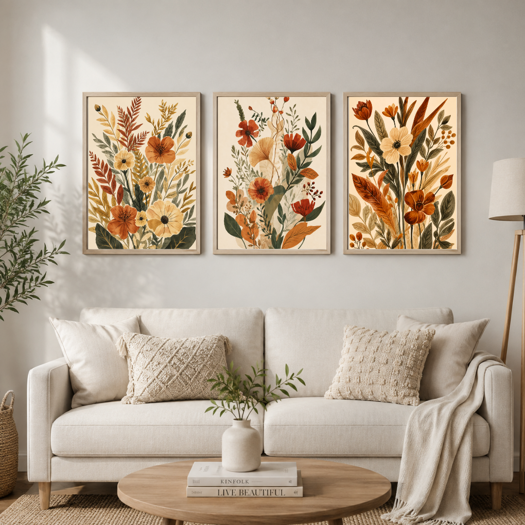 Autumn Botanical Bloom Triptych – Vintage Floral Framed Wall Art Set