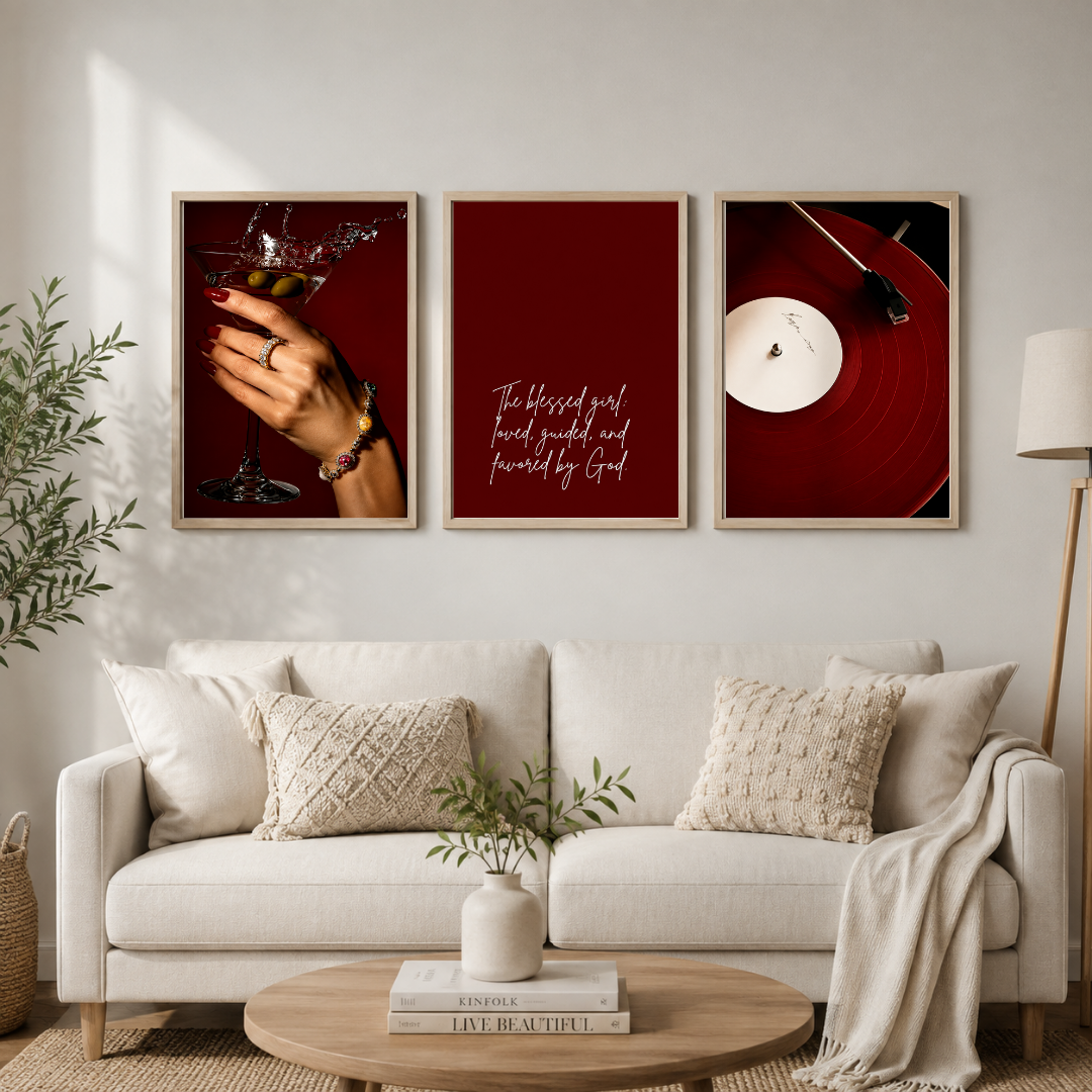 Blessed & Bold Wall Art Set – Red Glamour, Faith Quote & Vinyl Record