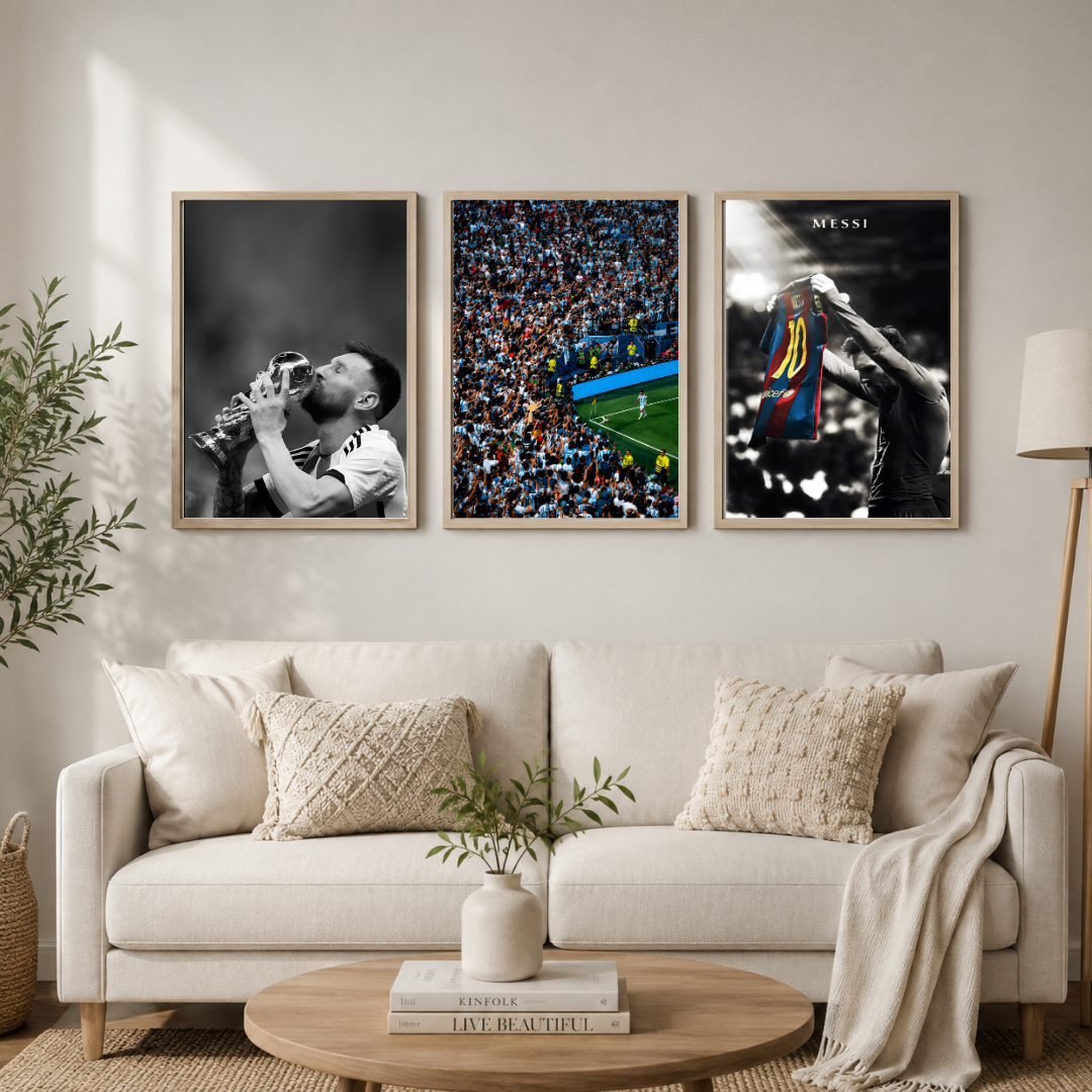 Lionel Messi Football Wall Art Set of 3 – GOAT Trophy, Stadium & Iconic Jersey | Soccer Poster Collection