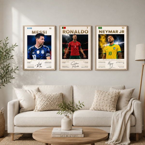 Football Legends Wall Art Set of 3 – Messi, Ronaldo & Neymar | Iconic Players Poster Collection