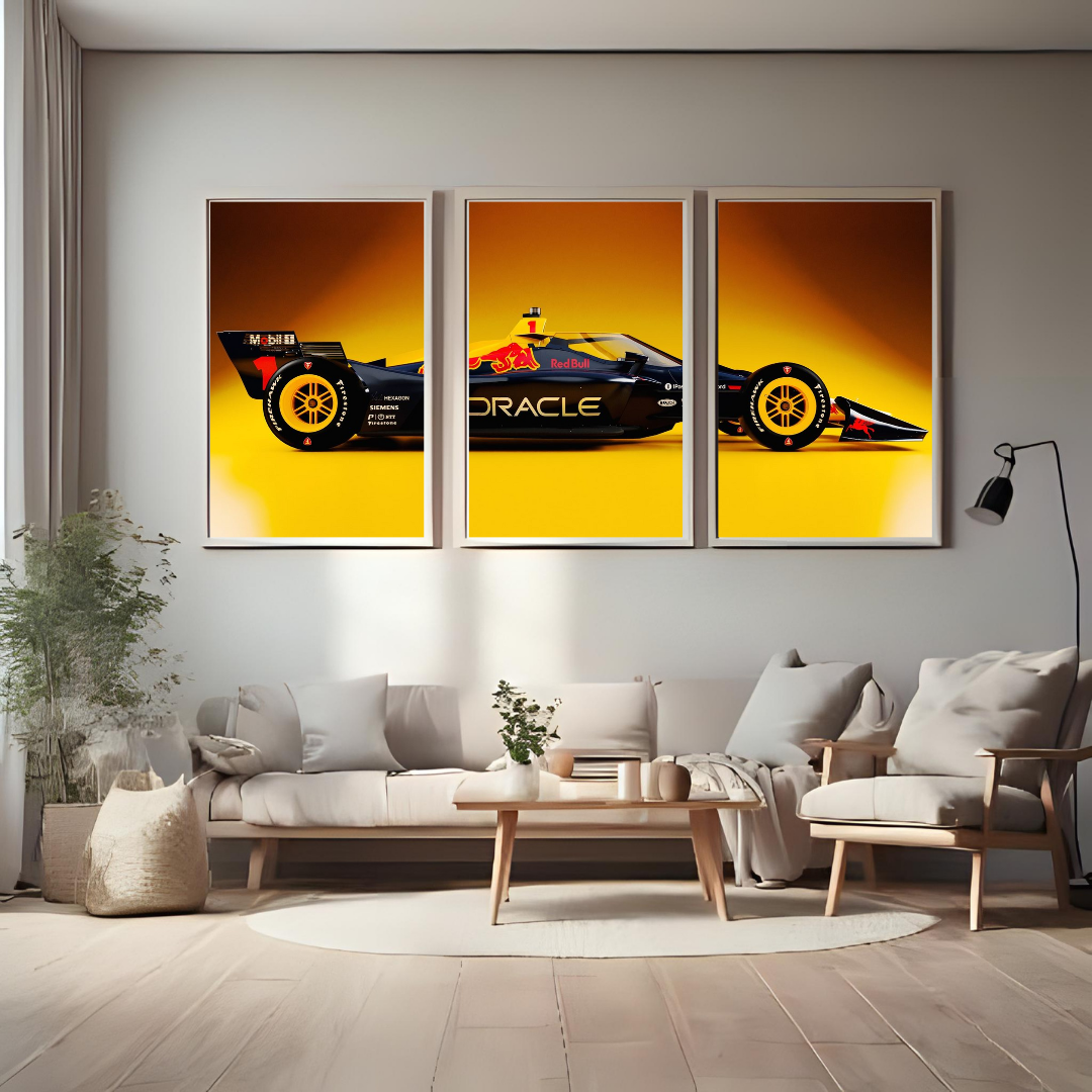 Golden Velocity – F1 Race Car Triptych Wall Poster Set (3 Panels)