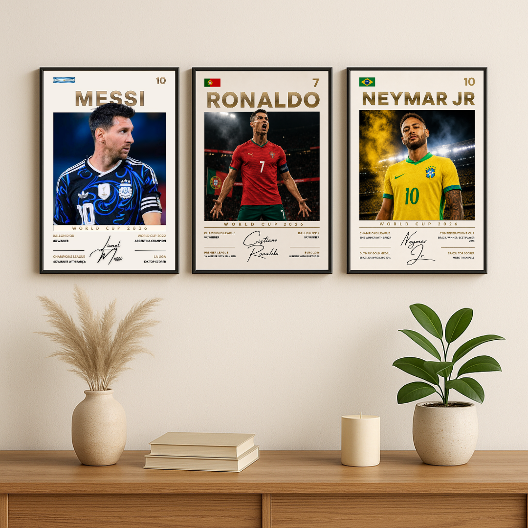 Football Legends Wall Art Set of 3 – Messi, Ronaldo & Neymar | Iconic Players Poster Collection