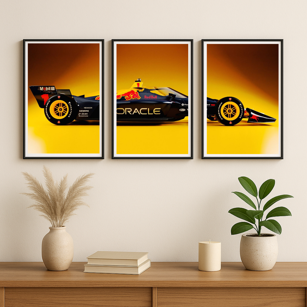 Golden Velocity – F1 Race Car Triptych Wall Poster Set (3 Panels)