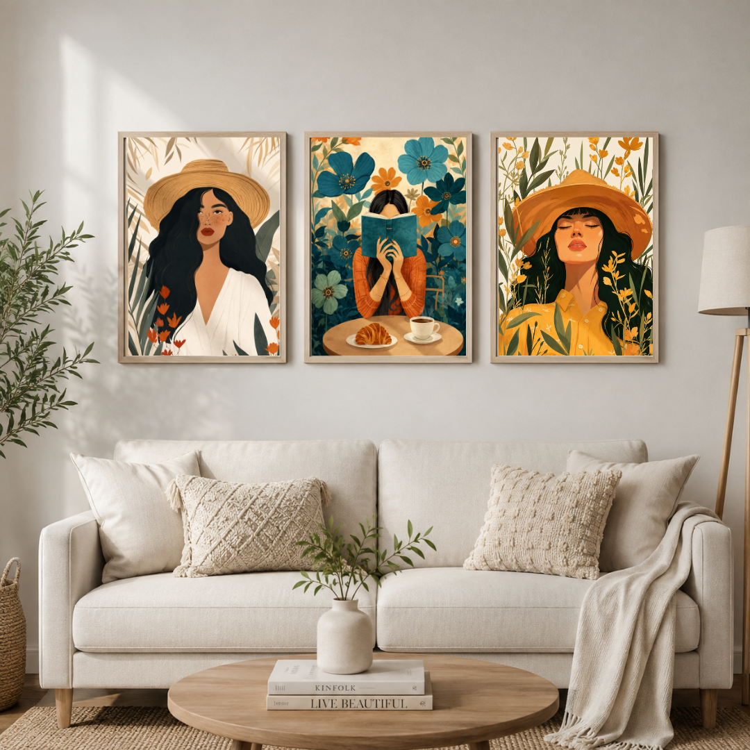 Boho Woman Wall Art Set of 3 – Feminine Fashion & Floral Illustrations | Modern Bohemian Home Décor