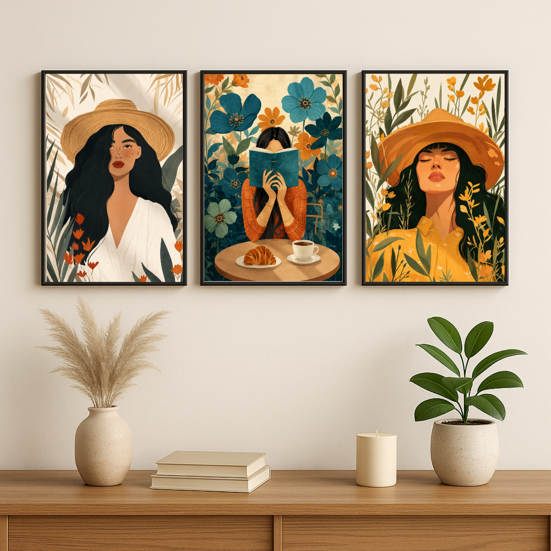 Boho Woman Wall Art Set of 3 – Feminine Fashion & Floral Illustrations | Modern Bohemian Home Décor