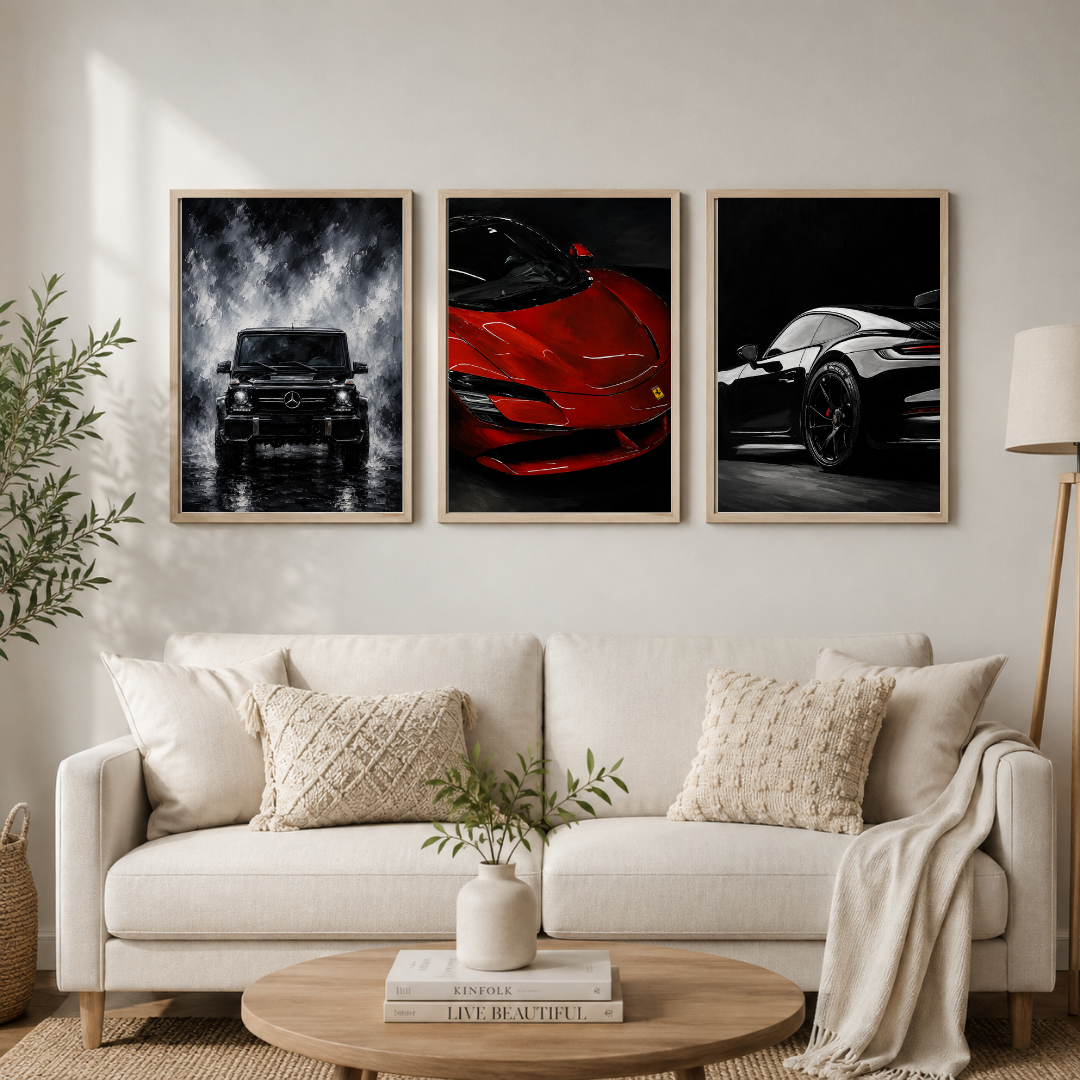 Luxury Sports Car Wall Art Set of 3 – Mercedes G-Class, Ferrari & Porsche | Premium Car Poster Collection