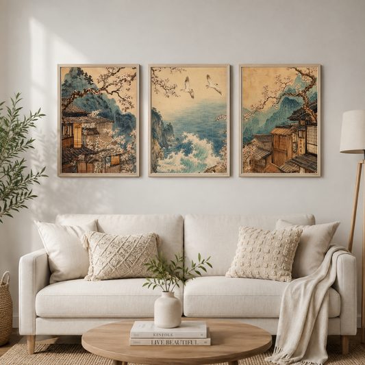 Japanese Serenity Triptych Wall Art Set – Japanese Landscape & Cherry Blossom Framed Posters