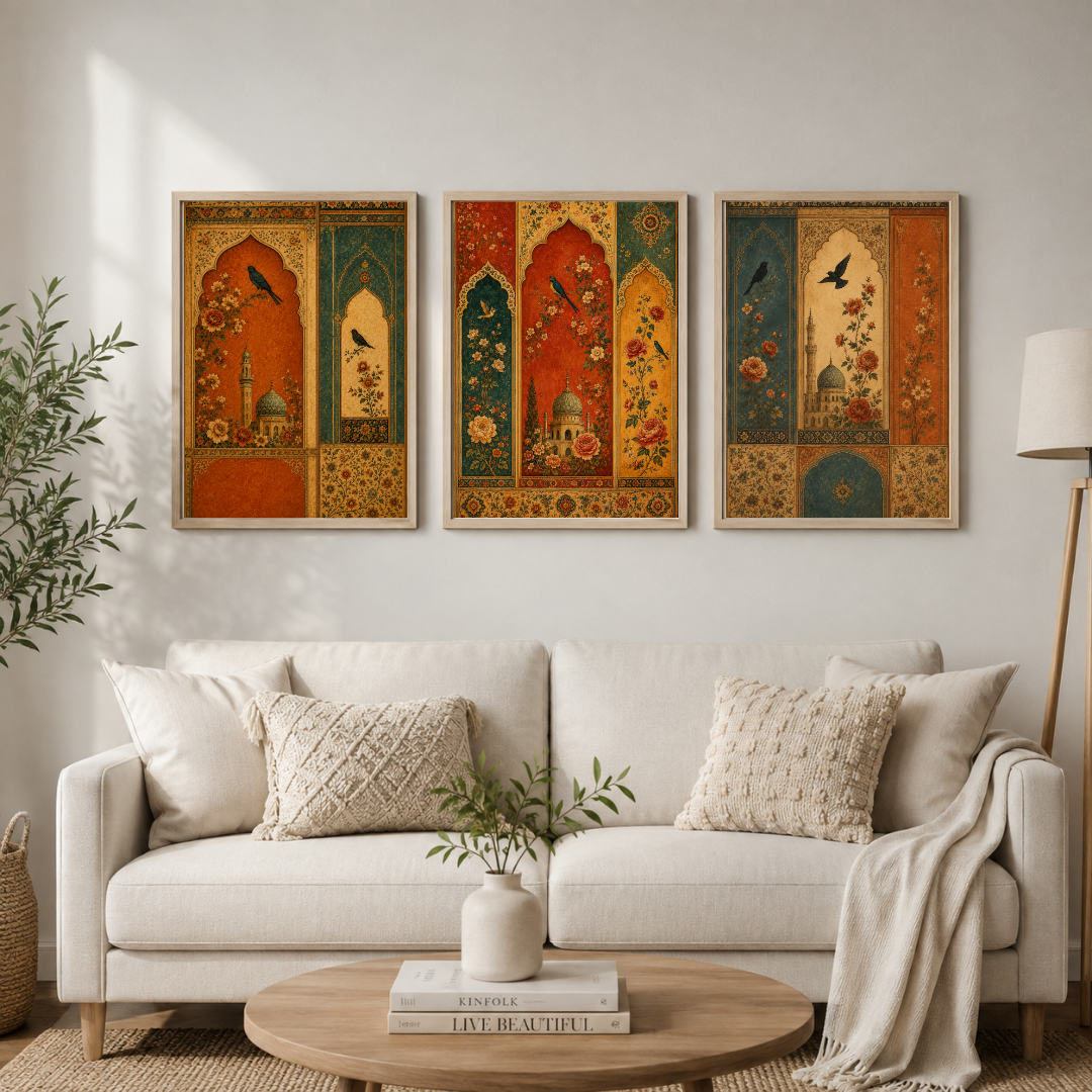 Mughal Garden Elegance Triptych – Vintage Islamic Art & Mughal Architecture Framed Wall Art Set